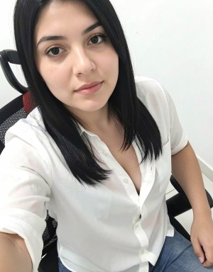 Mujer joven de cabello negro liso a la altura de los hombros posando en un selfie desde un ángulo ligeramente elevado, con expresión tranquila y mirada directa a la cámara. Lleva una blusa blanca abotonada de manga corta, parcialmente abierta en el escote, y unos vaqueros azules, sentada en una silla de oficina negra con respaldo de malla y detalle rojo. El fondo es sencillo y luminoso, con pared blanca y ambiente interior limpio, tipo despacho o espacio de trabajo. La composición resalta el rostro, el pelo oscuro, el maquillaje natural, la camisa blanca y una estética casual de oficina.