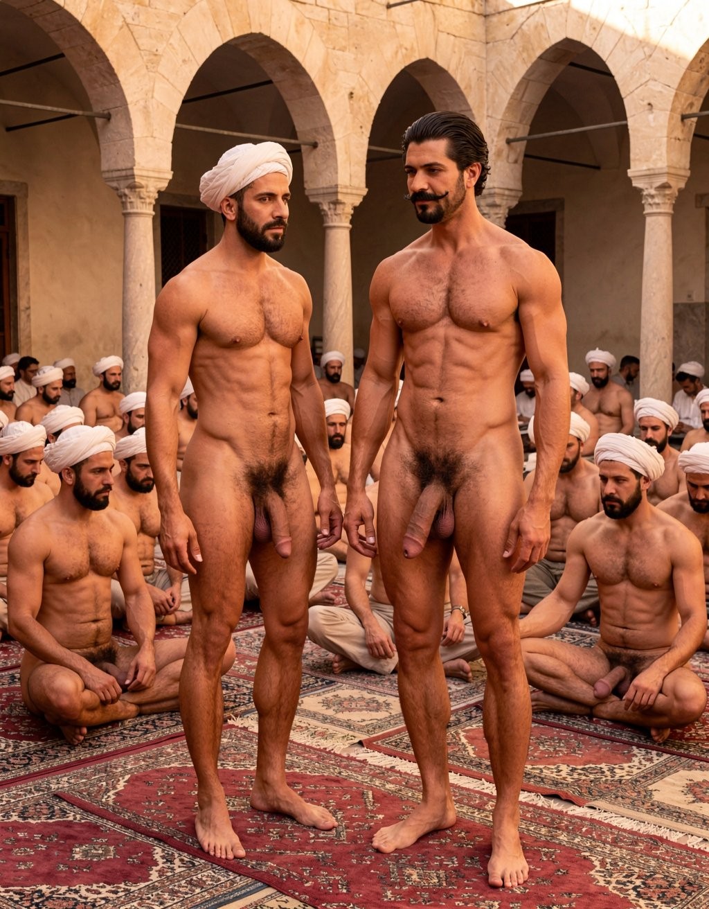 A hyper-realistic, photorealistic full-body photograph inside the shaded arcades and open courtyard of Al-Azhar Mosque in Cairo at golden hour in the late 1930s. Warm golden sunlight filters through the ancient arches and illuminates several circles of students sitting cross-legged on the rich carpets, reciting and memorizing sacred Islamic texts in rhythmic, traditional style. The atmosphere is scholarly, calm and reverent.

In the foreground, Masri and Errol Flynn stand side by side, barefoot and completely naked. Both are impeccably clean, freshly showered, perfectly groomed and heavily perfumed with rosewater, sandalwood and luxurious cologne. They observe the study circles with calm fascination and quiet respect.

Errol Flynn (30 years old, 1.86 m, 80 kg of sculpted lean muscle at 6% body fat) stands on the right, head slightly tilted as he watches. His jet-black hair is perfectly slicked back with brilliantine, sharp side part and elegant wave. His ultra-thin horizontal aristocratic black mustache is razor-sharp and impeccable. His smooth, hairless torso contrasts dramatically with his extremely dense jet-black curly pubic bush. His thick 20 cm uncircumcised cock hangs heavy and prominent between his powerful 50 cm thighs, veins clearly visible, shiny pink-purple glans and low-hanging balls fully exposed and completely unobstructed from a clear frontal angle.

Masri (35 years old, rich olive skin, powerful muscular build) stands on the left, also observing the circles with visible interest. His thick black chest hair, dense happy trail and extremely wild black pubic bush cover his torso and groin. His thick 17 cm dark cock hangs heavy and semi-erect between his strong thighs, completely clean, oiled and glistening, with swollen glans and full balls perfectly visible and unobstructed.

Surrounding them throughout the courtyard and arcades are dozens of extremely muscular and very hairy men — scholars, imams and advanced students. They are all completely naked except for elegant white or cream-colored turbans wrapped neatly on their heads. These men are exceptionally hirsute: thick, dense dark hair covers their powerful chests, heavy happy trails, shoulders, arms, backs and especially their groins with massive, wild black pubic bushes. Their muscular bodies gleam with a subtle sheen of scented oil under the golden light.

Every single polla in the scene is fully visible and completely unobstructed from clear angles: thick, heavy shafts, large low-hanging balls, dense wild pubic hair and realistic skin texture with visible individual hairs. No hands, cloth, shadows or objects block any genitalia at all.

The warm golden sunlight reflects beautifully off all the oiled, massively muscular and extremely hairy naked bodies, the turbans, the ancient stone arches and the prayer carpets, creating an intensely masculine, luxurious, surreal and deeply reverent atmosphere of traditional Islamic scholarship.

Extreme sharpness, perfect perspective, rich cinematic color grading with warm golden hour tones, photorealistic skin texture, visible individual body hairs on chests, arms, backs and pubis, subtle oil glow on every muscle and absolute maximum emphasis on the complete, unobstructed and highly detailed visibility of every single polla and extremely hairy muscular body throughout the entire scene. Clean generation with no technical errors.