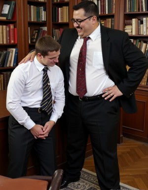 Un profesor de universidad obeso y con una mirada lasciva, vestido con un traje arrugado y una corbata desanudada, se encuentra en un despacho lleno de libros y papeles desordenados. El profesor, con una sonrisa perversa en su rostro, se acerca a un estudiante que viste un uniforme de universidad, consistente en una camisa blanca y pantalones negros, con el logo de la institución en el pecho. El estudiante, con una expresión de temor y sumisión, se encuentra de pie frente al profesor, que lo mira de arriba a abajo con una actitud de superioridad.

El profesor, con una voz grave y autoritaria, comienza a reprender al estudiante, acusándolo de alguna falta o error, mientras que el estudiante, con la cabeza gacha y las manos juntas, se disculpa y pide perdón. El profesor, cada vez más enfadado, comienza a gritar y a hacer gestos amenazantes, mientras que el estudiante, asustado, retrocede lentamente.

De repente, el profesor, con una sonrisa maliciosa, ordena al estudiante que se acerque y se arrodille frente a él, lo que el estudiante, con temor y sumisión, hace de inmediato. El profesor, entonces, comienza a tocar y a acariciar al estudiante, que se encuentra en una posición de sumisión y vulnerabilidad, mientras que el profesor, con una actitud de poder y dominio, se siente cada vez más excitado y satisfecho.

La escena es de un realismo fotográfico, con detalles precisos y una iluminación que resalta la textura de la ropa y la piel de los personajes, y se centra en la dinámica de poder y sumisión entre el profesor y el estudiante, con un enfoque en la sensualidad y la provocación.