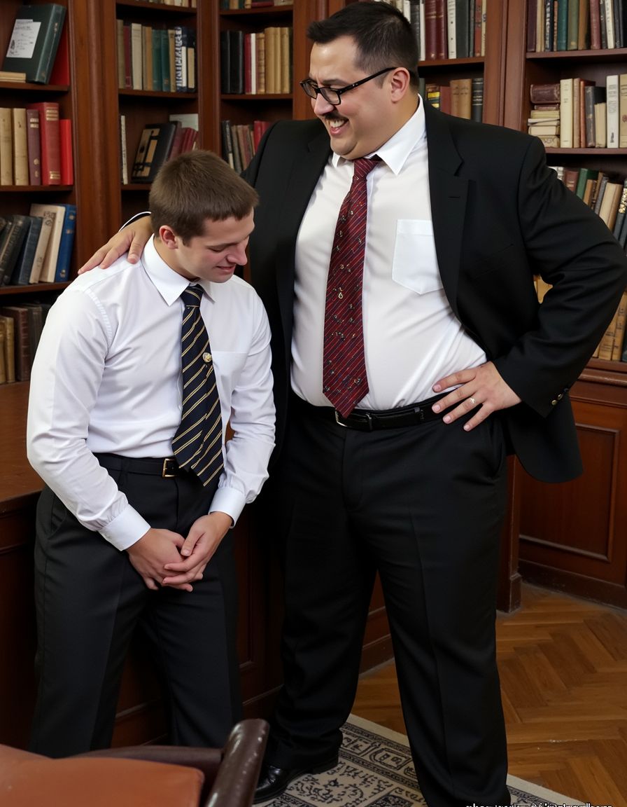 Un profesor de universidad obeso y con una mirada lasciva, vestido con un traje arrugado y una corbata desanudada, se encuentra en un despacho lleno de libros y papeles desordenados. El profesor, con una sonrisa perversa en su rostro, se acerca a un estudiante que viste un uniforme de universidad, consistente en una camisa blanca y pantalones negros, con el logo de la institución en el pecho. El estudiante, con una expresión de temor y sumisión, se encuentra de pie frente al profesor, que lo mira de arriba a abajo con una actitud de superioridad.

El profesor, con una voz grave y autoritaria, comienza a reprender al estudiante, acusándolo de alguna falta o error, mientras que el estudiante, con la cabeza gacha y las manos juntas, se disculpa y pide perdón. El profesor, cada vez más enfadado, comienza a gritar y a hacer gestos amenazantes, mientras que el estudiante, asustado, retrocede lentamente.

De repente, el profesor, con una sonrisa maliciosa, ordena al estudiante que se acerque y se arrodille frente a él, lo que el estudiante, con temor y sumisión, hace de inmediato. El profesor, entonces, comienza a tocar y a acariciar al estudiante, que se encuentra en una posición de sumisión y vulnerabilidad, mientras que el profesor, con una actitud de poder y dominio, se siente cada vez más excitado y satisfecho.

La escena es de un realismo fotográfico, con detalles precisos y una iluminación que resalta la textura de la ropa y la piel de los personajes, y se centra en la dinámica de poder y sumisión entre el profesor y el estudiante, con un enfoque en la sensualidad y la provocación.