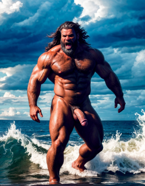 Neptuno es dios de los mares, las tempestades y los vientos. Es un dios malhumorado y violento. Está desnudo. Tiene un pene largo y erecto. Tiene mucho vello. Está llamando a gritos a los monstruos del océano. Está andando sobre la arena de la playa. Tiene los pies desnudos.