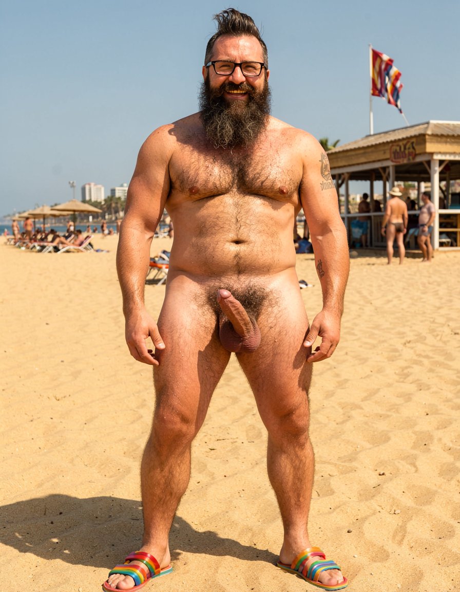 Photorealistic portrait of Hipsterbarba, exactly matching the reference photo. 40 year old Spanish muscle bear, 180cm tall, 80kg, 8% body fat, completely dry and shredded six-pack with deep cuts, visible linea alba and dark treasure trail from navel to dense black pubes. No belly whatsoever. Rounded developed pectorals covered in dense dark masculine chest hair, small dark erect nipples. Broad rounded shoulders, vascular muscular arms with the small black tattoo 