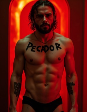 Un hombre desnudo se encuentra de pie frente a las puertas del infierno, está de frente, lleva grabada la palabra "PECADOR" en letras mayúsculas y sangrantes, avanza con seguridad, ha sido informado de que su destino es ineludible, obedecer a Satán y ser sodomizado y cubierto de semen eternamente