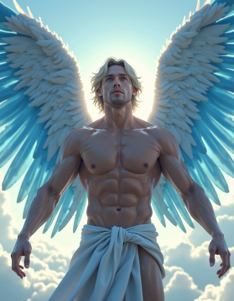 Hombre ario fibroso y musculoso, con alas de arcángel majestuosas y bien definidas que se extienden desde su espalda, midiendo al menos 2 metros de envergadura, con un color azul celestial intenso y vibrante que se refleja en todo su cuerpo. Su piel es suave y tonificada, con un brillo saludable que resalta su físico impresionante. Su cabello es una media melena de rubio platino que cae sobre su espalda y hombros, con mechones que se deslizan sobre su pecho y abdomen definidos.

Sus ojos son azules brillantes y expresivos, con una mirada confiada y segura que refleja su personalidad. Sus músculos están bien definidos y prominentes, especialmente en los brazos, pecho y abdomen, lo que indica una gran fuerza y resistencia. Su cuerpo está totalmente desnudo, mostrando su impresionante físico y su pene flácido de 20 centímetros de longitud y grosor impresionante, que cuelga relajado entre sus muslos.

El fondo es un cielo azul claro con nubes blancas y esponjosas que se extienden hasta el horizonte, iluminado por una luz suave y divina que resalta la belleza del hombre ario. El estilo es hiperrealista, con detalles de alta calidad que permiten apreciar cada músculo, cada curva y cada textura de su cuerpo. La iluminación es suave y cálida, con sombras que resaltan la profundidad y la dimensionalidad de la escena. El hombre ario se muestra con confianza y seguridad, como si estuviera disfrutando de su propia belleza y poder.