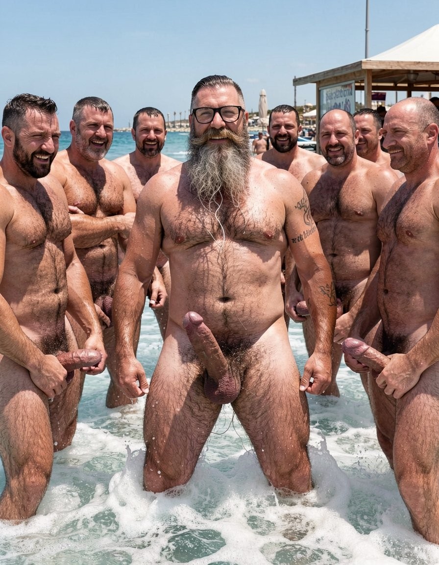 Photorealistic cinematic image at El Playazo nudist beach in Vera Playa, Almería, under intense bright midday Mediterranean sun. Hipsterbarba, 40-year-old Spanish muscle bear, exactly 180cm tall and 80kg with 8% body fat, stands waist-deep in turquoise sea water as strong waves crash around him creating white foam. He has an extremely dry and shredded six-pack with deep cuts and visible linea alba, dense black chest hair completely soaked and matted with thick ropes of white cum, a clear treasure trail of black hair running from his navel down to his thick black pubes also covered in semen. His pecs are rounded and developed with hard dark nipples, shoulders are wide and powerful, arms are highly vascular and muscular showing a small black tattoo that reads “hipsterbarba” on the right bicep, legs are thick and hairy with perfectly defined quads, hamstrings, adductors and calves. He has a modern high fade undercut hairstyle wet from seawater, an extremely long and perfectly groomed Bandholz beard that reaches almost to the middle of his chest now drenched in cum and salt water, a thick mustache with the longer ends curled upwards in elegant spirals, and black hipster horn-rimmed glasses on his serious dominant face.

He is surrounded in a tight circle by more than thirty extremely muscular and hairy macizos of different ethnicities, all completely naked, standing in the foamy waves and washing their big heavy cocks and balls with their own hands. Thick veiny shafts, some still half-hard and leaking the last drops of cum, are being scrubbed and rinsed under the crashing sea water. Heavy low-hanging balls are lifted, soaped and cleaned. White foam and seawater run down their carved abs and powerful hairy thighs. Some laugh loudly while others stare at Hipsterbarba with filthy smirks as they clean their massive tools. Sunlight glints off every wet hair, every drop of cum still clinging to Hipsterbarba’s chest and beard, and every ripple of the turbulent sea. The chiringuito El Pirata is clearly visible in the bright sunny background. Hyper-detailed realistic textures on skin, individual body hairs, thick semen strands, foamy waves and muscular definition. Sharp focus, authentic harsh midday lighting, raw explicit male group scene, maximum photorealism.