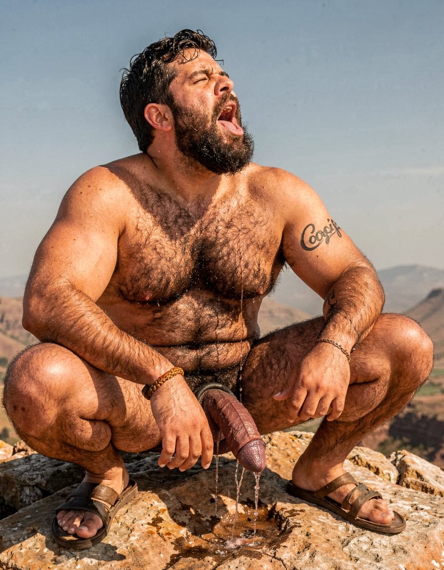 Hyper-realistic cinematic photograph with perfect anatomy and zero distortion, full-body view under the brutal midday sun on the rocky summit of Cerro La Cantera, San Pablo Huitzo, Oaxaca, year 600 AD. The 26-year-old hyper-masculine and extremely hairy Zapotec warrior Cocijo is squatting low and obedient between the legs of Gayon Von Neumann. Cocijo is completely naked except for worn leather sandals, his massive sweaty body covered in dense black hair on chest, shoulders, arms, abs and thick thighs. Small elegant black tattoo “Cocijo” perfectly adapted to the curve of his right bicep. His own enormous 35 cm cock is brutally swollen, dark purple and veiny, trapped at the base by a tight black leather cock and ball ring that forces his heavy balls upward; thick ropes of precum drip constantly from the tip onto the hot rock. Cocijo has his mouth wide open, lips stretched tight around the thick head of Gayon’s cock, sucking the glans with powerful, hungry suction. His cheeks are hollowed, tongue visibly working around the head inside his mouth, eyes looking up submissively at Gayon’s face of pure pleasure. Harsh golden sunlight creates dramatic highlights on sweat, saliva, dense body hair and precum. Raw dominant male energy, total sexual submission, photorealistic detail, perfect proportions, no deformation.