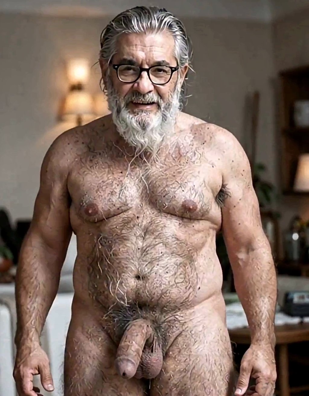 Un anciano con el pene super peludo y súper duro y grande y delgado que esté con mucho vello corporal más grande y con mirada sensial