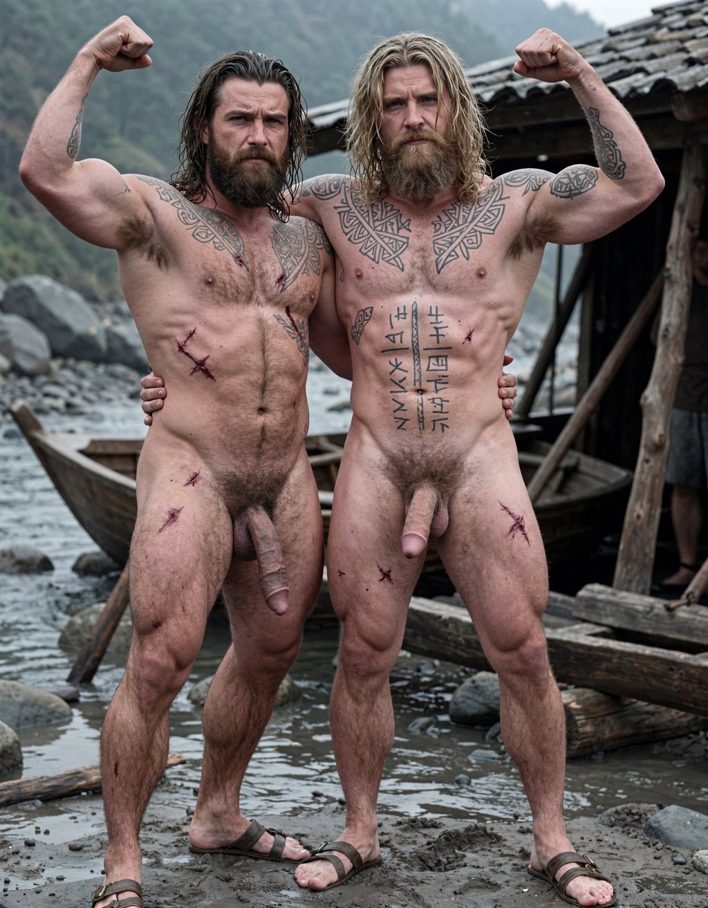 Amleth (Alexander Skarsgård) y el rey Aurvandil.
Amleth está de cuerpo entero desde los pies hasta la cabeza. Es un príncipe vikingo de 29 años de edad que está junto a su padre. Su padre es el rey Aurvandil, de 49 años de edad. Amleth se convierte en un berserker implacable.
Amleth tiene un cuerpo fuerte, tatuado, cubierto de cicatrices, pelo largo y sucio. Amleth tiene una altura imponente de 194 cm. Amleth tiene motivación animal, casi mística. Amleth es un héroe noble; es pura rabia y destino.
Amleth tiene un cuerpo con musculatura densa y trabajada y estilizada, tiene 7% de grasa corporal y parece esculpido al estilo vikingo con pectorales anchos y marcados y definidos, abdomen marcado y muy definido como un culturista; es un cuerpo de 7% de grasa corporal, abdominales extremadamente definidos y marcados 