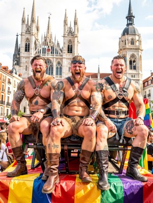 Three muscular, tattooed men pose seated on a float decorated with the rainbow flag, laughing out loud in a festive LGBTQ+ pride atmosphere. They wear black leather harnesses crossed over their bare torsos, wristbands, metal accessories, and tall boots, with a leather and biker aesthetic; two of them have long beards and glasses, while the third has short hair and a partially visible red cape. Their arms, legs, and chests are covered in tattoos, reinforcing a striking and provocative image. In the background rises a large Gothic cathedral with pointed towers and a dome, surrounded by urban buildings and spectators, under a bright daytime sky.