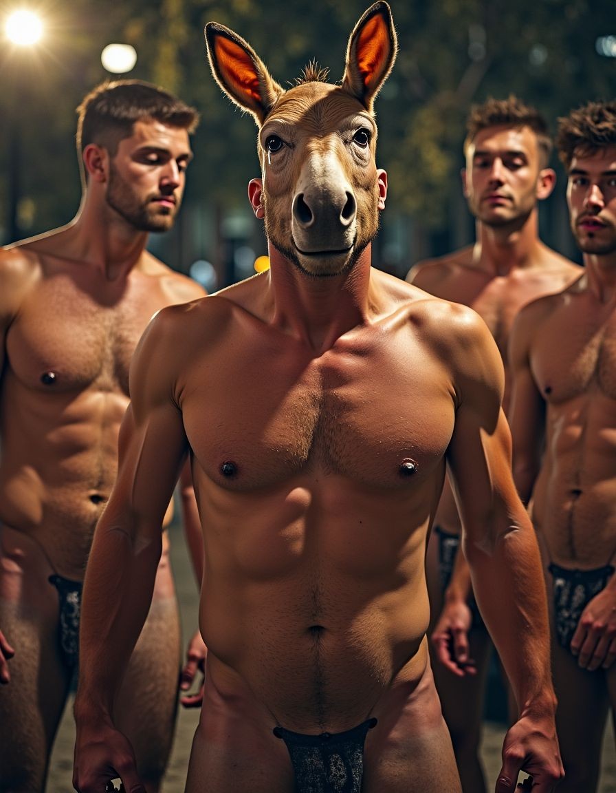 Un novio en una despedida de soltero, sin vello y muy musculoso, llevando sombrero de orejas de burro, es obligado a desnudarse delante de sus compañeros que lo humillan y le tiran objetos encima

3