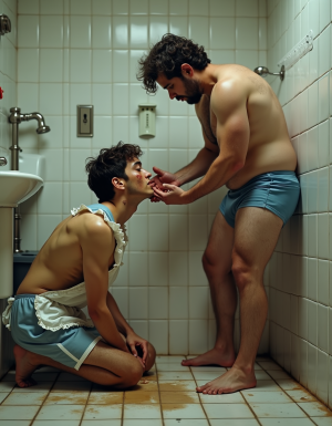 Un hombre joven llamado Diego, vestido con un uniforme de sirvienta, está arrodillado en el suelo del baño, fregando con movimientos mecánicos y una fregona que deja surcos de agua sucia en las baldosas. Lleva un delantal blanco manchado y un vestido azul claro con volantes, ambos empapados y sucios. Su cabello está despeinado y sus ojos están rojos de falta de sueño y lágrimas. Su espalda está encorvada por el dolor de cargar cubos y su cara está manchada de orina y lágrimas.

Álvaro, un hombre despeinado y con cara de sueño, entra en el baño llevando solo calzoncillos de licra azul. Se estira perezosamente y se acerca a Diego, quien sigue fregando el suelo. Álvaro le levanta la cara con el pie, poniéndole la planta sucia contra la barbilla, y le examina la cara con una mezcla de satisfacción y curiosidad.

Luego, Álvaro se baja los calzoncillos y mea en la boca de Diego, quien abre la boca y recibe el chorro caliente. La orina le llena la boca, le desborda por los labios, le chorrea por la barbilla y el pecho, y Diego traga lo que puede mientras el resto le empapa el vestido. Después, Álvaro se sube los calzoncillos y le da una palmada en la mejilla mojada a Diego, ordenándole que termine de fregar el suelo.

La escena es hiperrealista, con detalles de alta calidad, y muestra a Diego en una posición sumisa y humillante, mientras que Álvaro se muestra dominante y cruel. El ambiente es tenso y lleno de poder y control, con un enfoque en la degradación y la sumisión de Diego.