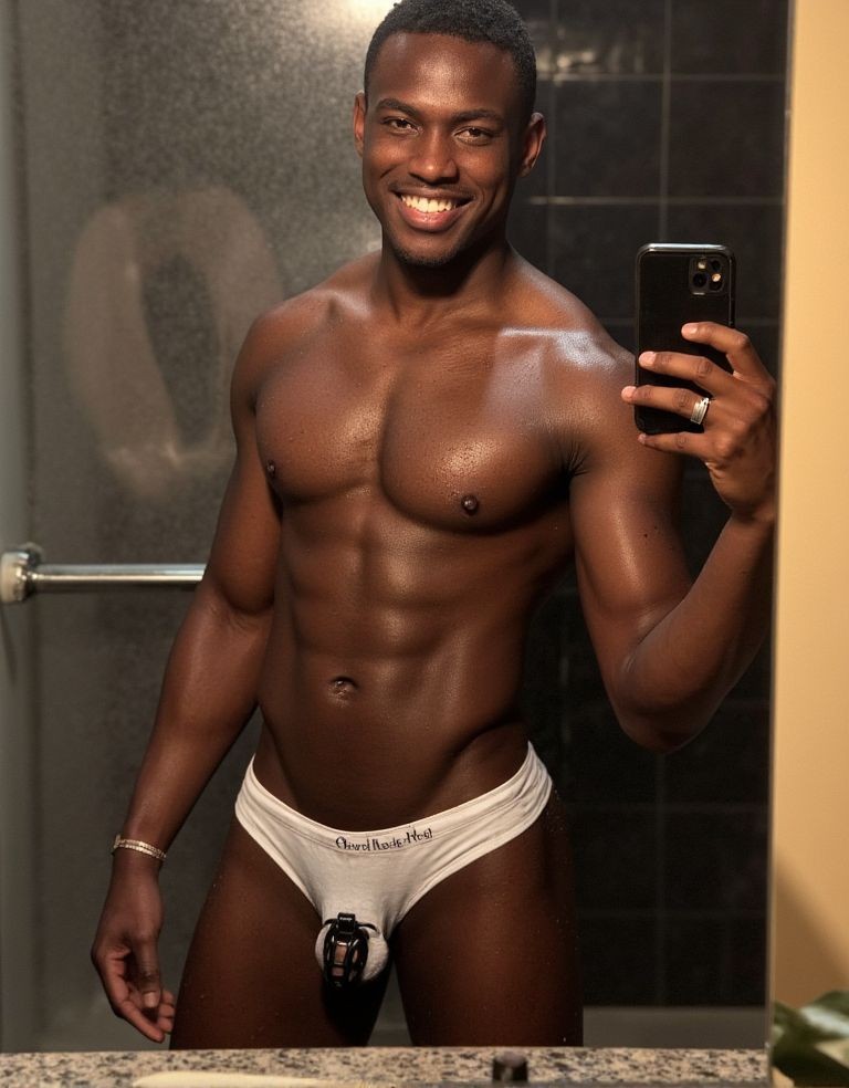 Hombre negro musculoso posando en un baño frente al espejo, sonriendo mientras se hace un selfie con el móvil en la mano derecha. Está sin camiseta, con el torso brillante y definido, marcando pectorales, abdominales, brazos y hombros fuertes, y lleva únicamente ropa interior blanca ajustada con una zona frontal oscura que resalta el bulto. En la muñeca lleva una pulsera fina y en un dedo un anillo, mientras al fondo se aprecia una ducha con puerta de cristal, azulejos oscuros y una barra metálica. La escena tiene iluminación cálida de interior, encuadre vertical y aspecto de foto íntima de gimnasio, fitness y físico atlético.