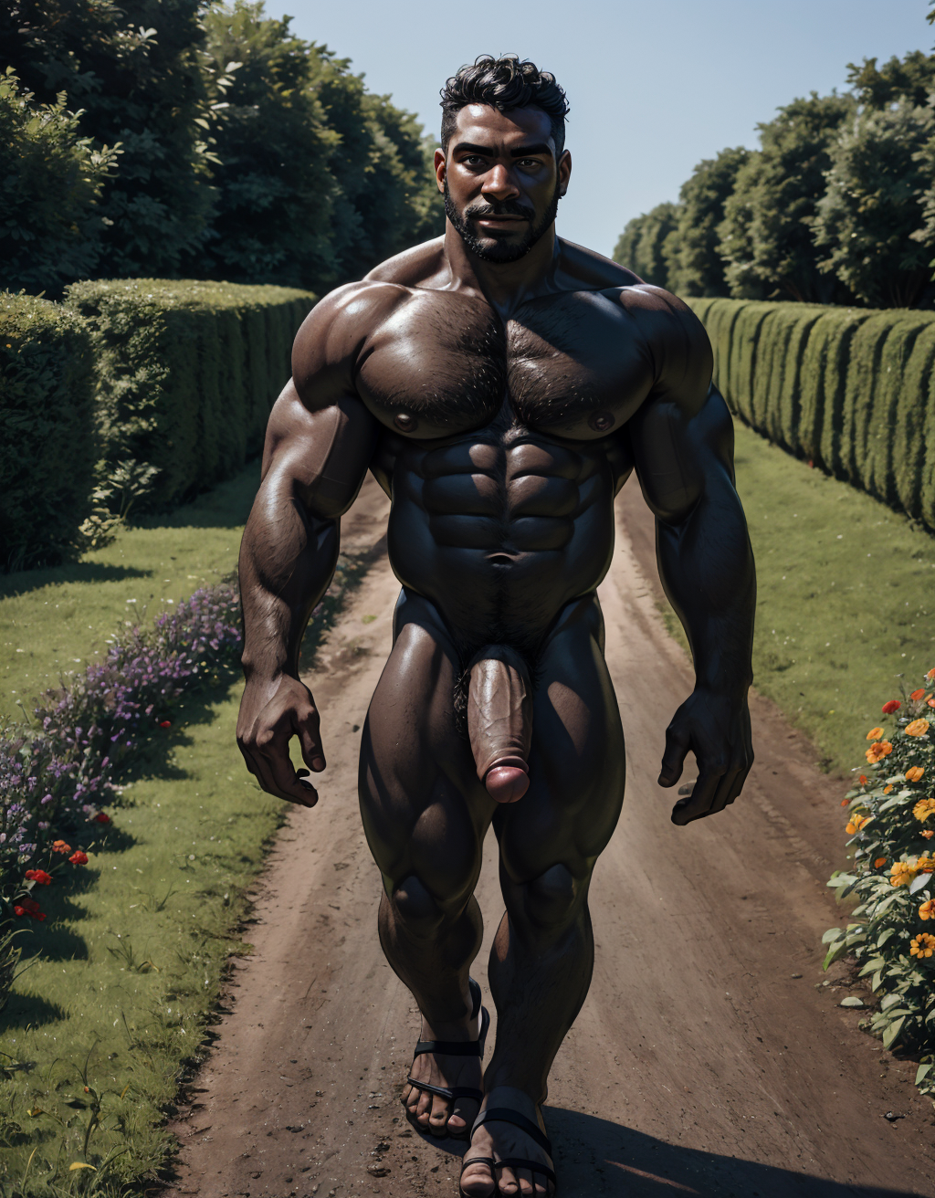 Hombre negro desnudo, musculoso, tiene pene negro, tiene testículos negros. Tiene sandalias negras. Tiene mucho vello negro. Tiene pezones grandes largos y puntiagudos: 1.9. Tiene pelo largo rizado negro. Está andando por un camino en el campo con flores negras. Sale líquido blanco por sus pezones