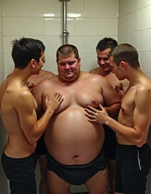 Novatada. Imagen fotográfica alta calidad. Varios universitarios de 25 años meten en la ducha a un universitario novato gordito, es muy vergonzoso, no quiere enseñar su anatomía obesa,  pero lo desnudan y lo humillan tocando sus grandes pechos,  a fin de introducirlo en el grupo. Luego le orinarán encima para consumar la iniciación.