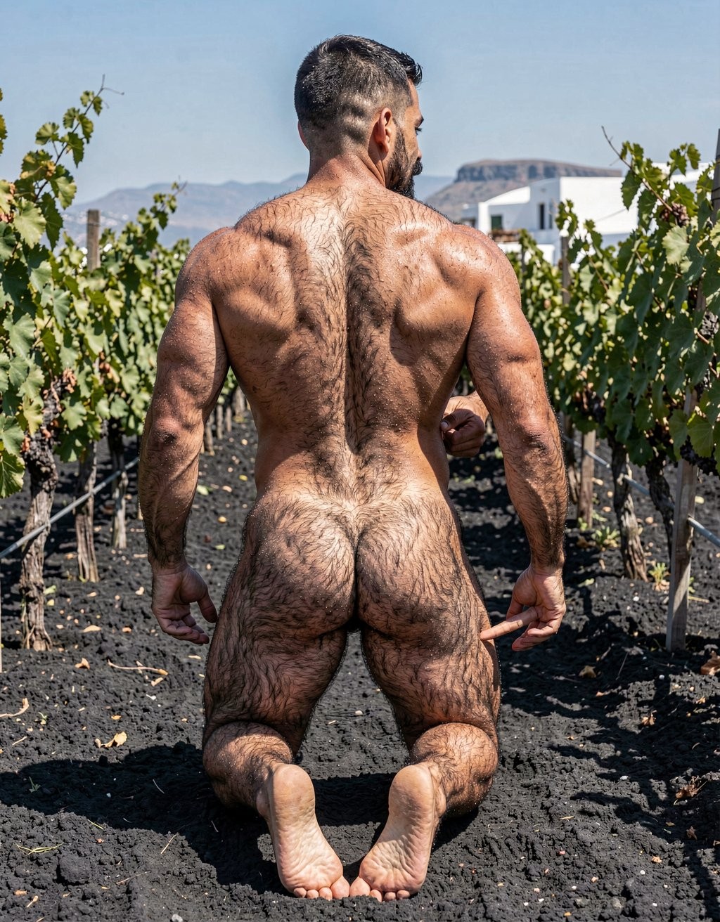 A naked, muscular man appears from behind, kneeling on dark vineyard terrain, with his bare feet resting on the volcanic soil and his arms relaxed at his sides. His broad back, defined shoulders, strong arms, and sturdy legs stand out under the direct sunlight, with abundant body hair visible from the nape of his neck down to his buttocks and thighs. The pose highlights his glutes, athletic build, and tanned skin, while rows of green vines with grapes stretch out on both sides. In the background, white buildings, hazy mountains, and a clear blue sky can be seen, creating a natural, rural, and very bright scene.