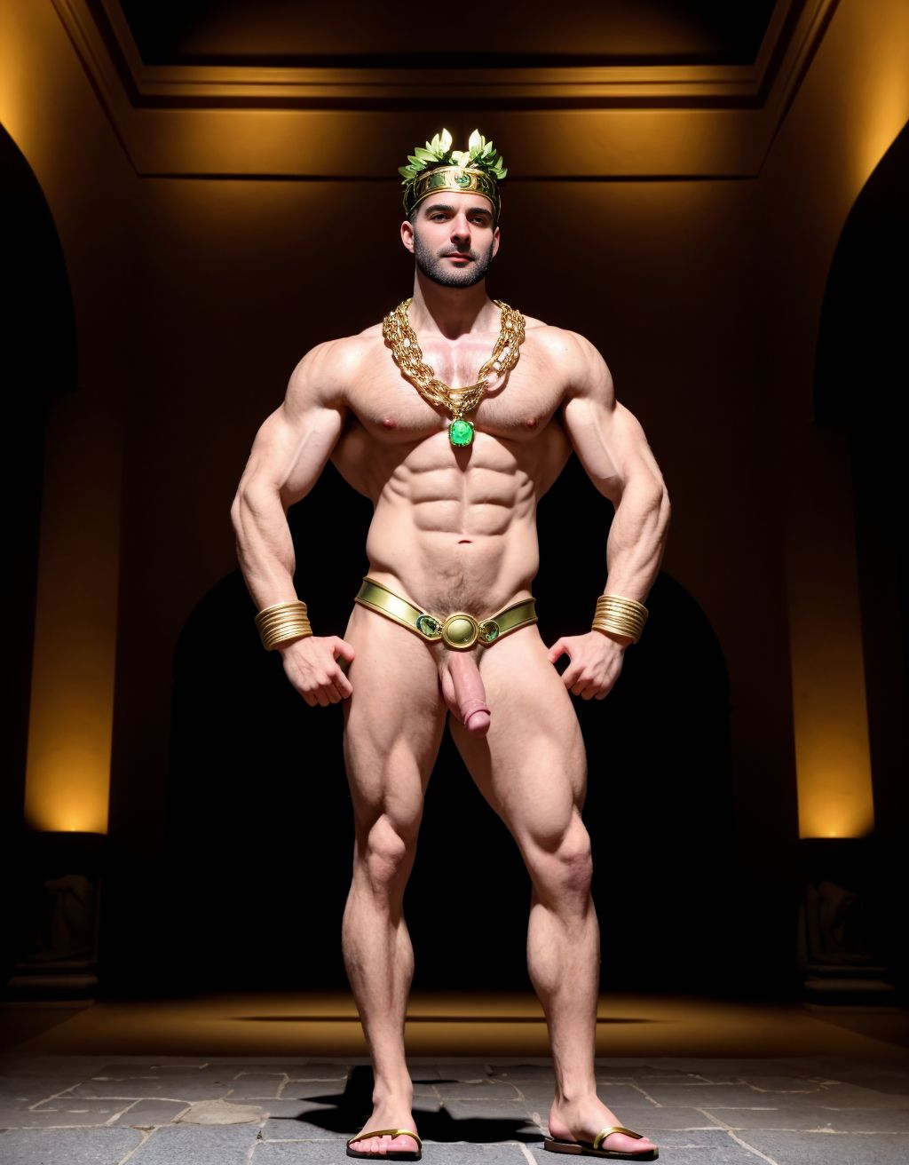 El dios Priapo de Pompeya está desnudo de pie. Es delgado y muy alto. Está en el museo de Nápoles. Tiene un pene grande y erecto. Tiene mucho vello por todo el cuerpo. Tiene sandalias en los pies. Tiene músculos muy definidos. Tiene una corona de laurel. Levanta una mano para saludar al público. El cuerpo está iluminado con focos de luz blanca. Tiene los ojos verdes. Tiene una cadena brillante en los pies. Tiene mucho vello en el pecho. Tiene una capa de oro sobre su espalda. Tiene boca abierta. Tiene sandalias en los pies. Está de perfil. Está de lado. Tiene las uñas de los pies pintadas de verde.