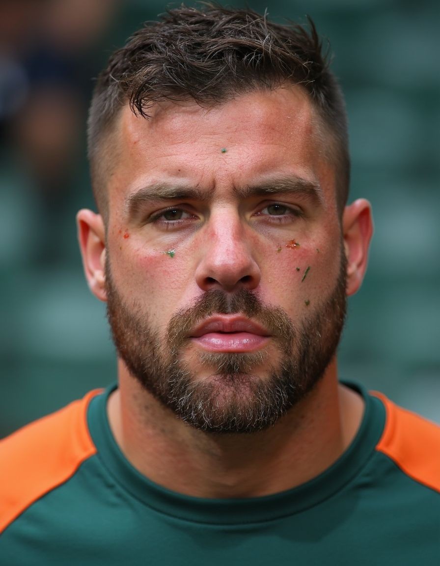 Frontal close-up of an athletic-looking man, with a serious and focused gaze, short brown hair styled upward, and a thick, well-trimmed beard. His face appears slightly reddened, with small green specks of grass or dirt stuck to his forehead, cheeks, and near his mouth, suggesting a training or match context. He is wearing a dark green sports shirt with orange panels on the shoulders, fitted at the neck, and the blurred background in green tones resembles stadium stands or seats, reinforcing the atmosphere of football, rugby, or outdoor sport.