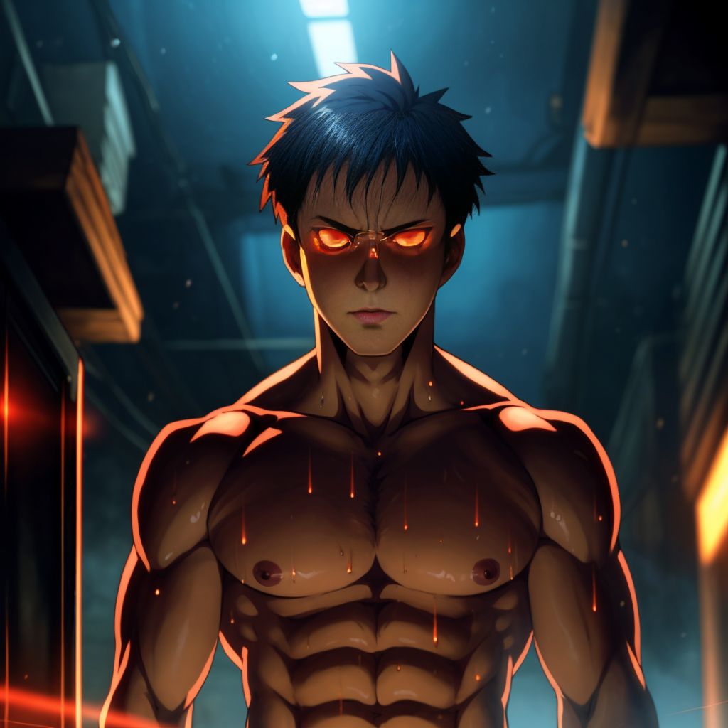 Hombre desnudo, aterrado, con ojos desorbitados, inspirado en el Expediente Warren, estilo paranormal, oscuridad, sombras, atmósfera de miedo, sudor en la piel, musculatura tensa, fondo difuminado, iluminación tenue, reflejos de terror en su rostro.