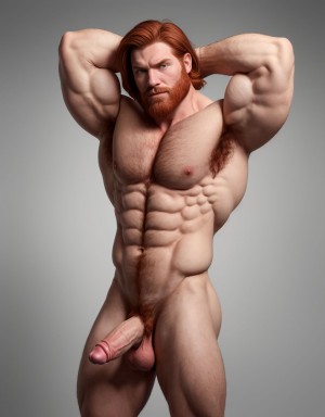 Hombre caucásico de 1,9 metros, piel clara, cabello rojizo lacio, barba incipiente, expresión de desprecio, vello corporal rojizo, sixpack visible, pene y testículos visibles, manos detrás de la cabeza, trapecios y deltoides marcados, fondo gris degradado. Músculos desarrollados, hombros prominentes, solo un pene visible.