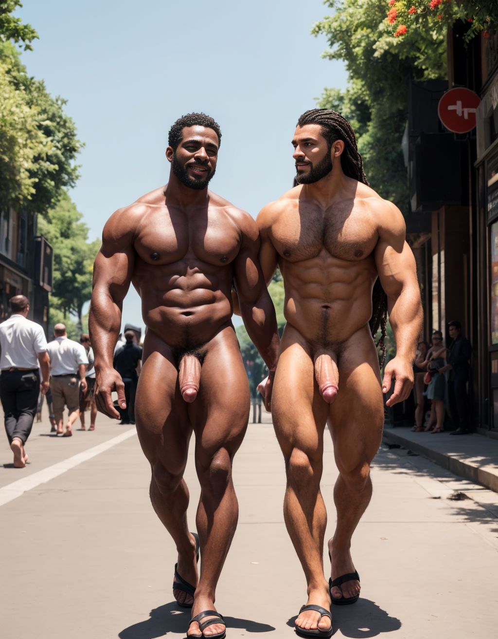 Dos hombres jóvenes desnudos musculosos y fibrosos. Tiene pene grande. Están andando por la calle. Tienen sandalias en los pies. El pene y los testículos se mueven al aire al andar. El enorme pene se dobla hacia el lado al ritmo del andar. Los testículos botan contra los muslos al andar moviéndose hacia afuera. Las manos tocan y acarician su propio pene. Tienen mucho pelo vello en el pecho. Tienen el pelo muy rizado y largo.