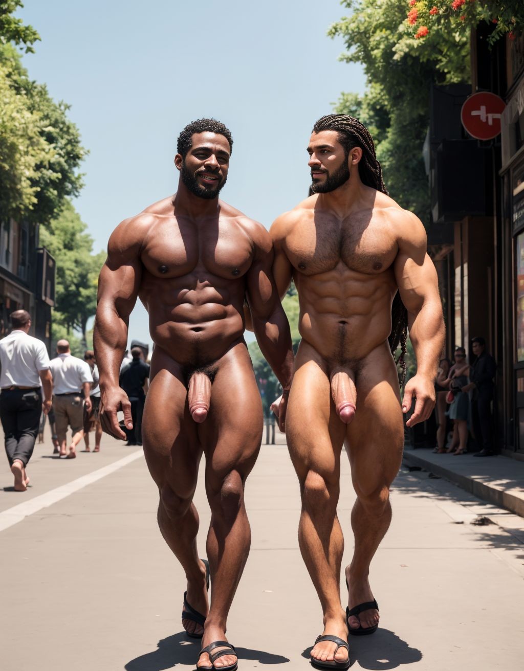 Dos hombres jóvenes desnudos musculosos y fibrosos. Tiene pene grande. Están andando por la calle. Tienen sandalias en los pies. El pene y los testículos se mueven al aire al andar. El enorme pene se dobla hacia el lado al ritmo del andar. Los testículos botan contra los muslos al andar moviéndose hacia afuera. Las manos tocan y acarician su propio pene. Tienen mucho pelo vello en el pecho. Tienen el pelo muy rizado y largo.