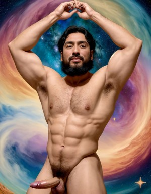 Miguel Ángel fue pintor, escultor y arquitecto renacentista, es considerado uno de los mayores artistas de la historia del hombre. Está totalmente desnudo con pene grande y testículos grandes. Tiene mucho vello. Foto muy realista texturas 8k. Rodeados de estrellas y pinturas de colores y sol reluciente que ilumina la cara y todo el cuerpo.