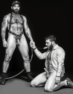 Dibujo realista. Amo barbudo tatuado e hiper masculino, muy musculoso pero muy delgado, con arnés. Tiene un gran pene eyaculando. Lleva gorra militar y unos anillos en los pezones, Un esclavo de rodillas con boca abierta con su pene en la boca, fondo negro de cuarto oscuro.