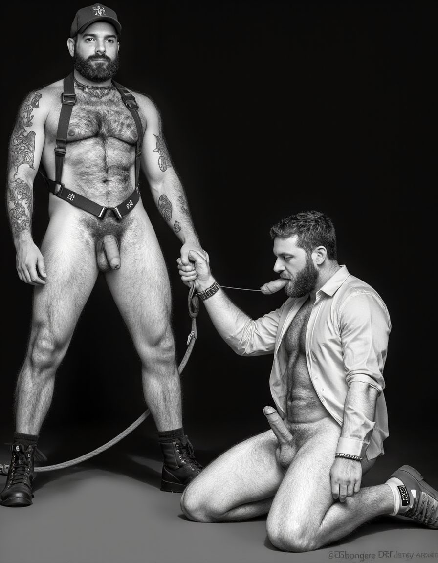 Dibujo realista. Amo barbudo tatuado e hiper masculino, muy musculoso pero muy delgado, con arnés. Tiene un gran pene eyaculando. Lleva gorra militar y unos anillos en los pezones, Un esclavo de rodillas con boca abierta con su pene en la boca, fondo negro de cuarto oscuro. Dibujo realista. Amo barbudo tatuado e hiper masculino, muy musculoso pero muy delgado, con arnés. Tiene un gran pene eyaculando. Lleva gorra militar y unos anillos en los pezones, Un esclavo de rodillas con boca abierta con su pene en la boca, fondo negro de cuarto oscuro.