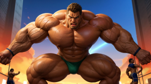 culturista musculoso 1.85m arrodillado, 140kg masa muscular, bíceps 58cm, pecho 145cm, cuerpo sudoroso y usado, expresión de sumisión total, rodeado por cuatro gigantes masivos de 2.25m-2.40m, 280-380kg cada uno, brazos 80-85cm, torsos monumentales, dominación física extrema, vestuario de gimnasio, iluminación tenue, músculos hipertrofiados, diferencia de tamaño brutal, sin censura, realista, alta definición, perspectiva desde abajo mostrando la enormidad de los gigantes