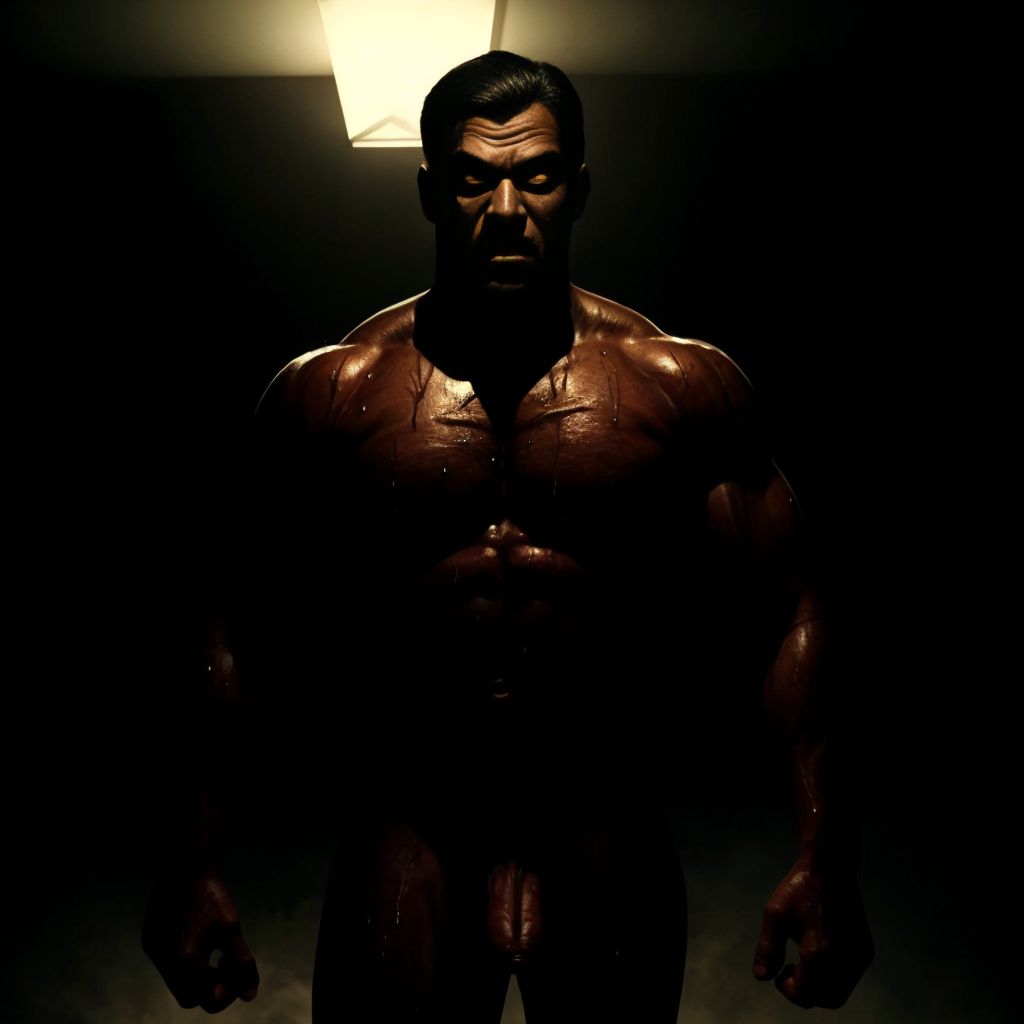 Hombre desnudo, aterrado, con ojos desorbitados, inspirado en el Expediente Warren, estilo paranormal, oscuridad, sombras, atmósfera de miedo, sudor en la piel, musculatura tensa, fondo difuminado, iluminación tenue, reflejos de terror en su rostro.