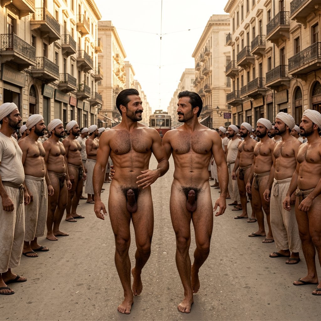 **

A hyper-realistic, photorealistic full-body photograph taken on Sharia Port Said (Avenida Port Said) in Cairo, late 1930s, during the rich golden light of late afternoon. The wide colonial avenue stretches south with its elegant European-style buildings, balconies with wrought iron, tram lines running down the center, and the distant silhouette of the city.

Masri walks with firm masculine authority slightly ahead, his right hand placed possessively on Errol Flynn’s lower back, guiding him confidently south along the avenue. Masri (35 years old, powerful muscular build, rich olive skin covered in thick dark body hair on chest, abdomen and legs) turns his head toward Errol while pointing with his left hand at the impressive buildings and lively street. He smiles with proud satisfaction, his black hair perfectly combed back with brilliantine and his thick mustache impeccably trimmed. His skin is immaculate, dry and heavily perfumed with sandalwood and cedar.

Right beside him, Errol Flynn (30 years old, 1.86 m, 80 kg of lean sculpted muscle, waist 75 cm, extremely defined) walks with arrogant confidence and clear enjoyment. His jet-black hair is slicked back with a sharp wave to the right, his ultra-thin horizontal aristocratic black mustache is surgically precise. He looks around the avenue with visible pleasure, absorbing the exotic chaos of Cairo while a slight superior smile plays on his lips. Both men are completely naked, impeccably clean, dry, perfectly groomed and heavily perfumed.

Their genitals are fully visible with perfect anatomical realism and no obstruction. Masri’s corrected 17 cm thick, dark olive-brown cock swings heavily between his powerful hairy thighs with each step, veins prominent, large flared glans and heavy low-hanging balls nestled in his dense black pubic bush. Errol’s corrected 20 cm penis hangs thick and natural between his muscular legs: slight leftward curve, prominent veins, smooth foreskin pulled back just enough to reveal the glossy pink-purple glans, dense black curly pubic triangle above it.

All along both sides of the street and on the sidewalks, dozens of male workers, shopkeepers, street vendors, tram conductors, clerks and employees are completely naked. They are all extremely muscular and very velludos, with thick dark hair covering their chests, abdomens, arms, legs and dense pubic regions. They wear nothing except traditional head coverings: white or colored turbans, simple white Taqiyah (طاقية), or the distinctive small embroidered caps and red tarboosh typical of Al-Azhar. Their powerful, rugged, extremely hairy bodies gleam under the golden sunlight as they continue working — carrying goods, shouting at customers, sweeping, driving trams or standing at shop entrances — while many turn their heads to stare in shock and awe at the two dominant naked men walking down the avenue.

The warm golden light dramatically highlights every muscle, every strand of thick body hair, the natural heavy swing of all the exposed cocks and balls, the perfect grooming and perfumed skin of Masri and Errol, and the elegant colonial architecture of Sharia Port Said in the background.

Extreme sharpness, cinematic golden-hour lighting, photorealistic skin texture, rich color grading and flawless anatomical detail on every visible penis. Clean generation with zero technical errors.