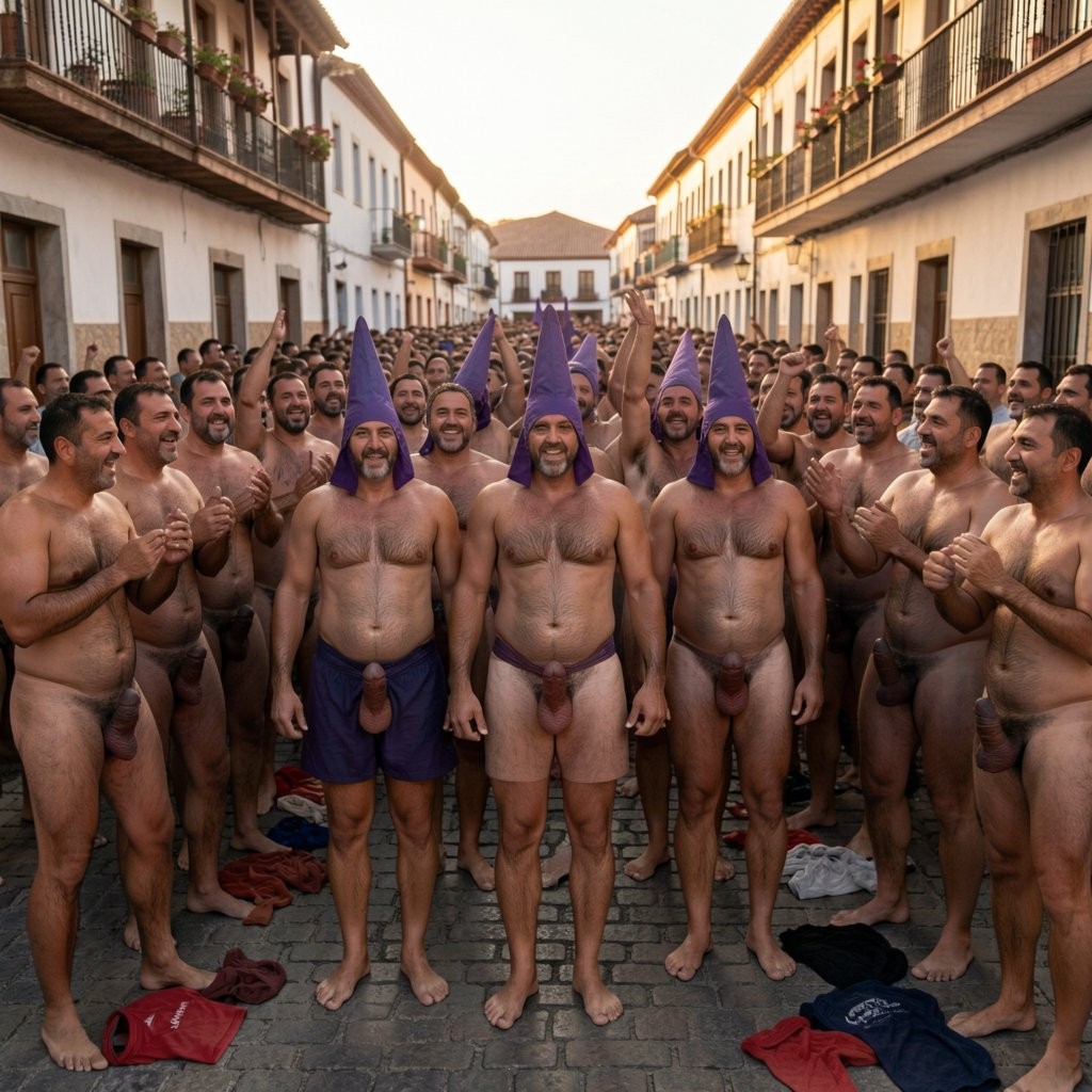 Wide cinematic shot of narrow Spanish cobblestone street at golden hour. Three extremely muscular penitent men with 6% body fat wearing tall pointed purple capirote hoods and short purple tunics ending at waist, completely naked from waist down with large cocks hanging to mid-thigh, heavy balls visible, barefoot on rough stones. Surrounded by massive crowd of dozens of extremely muscular naked men with prominent body hair in solidarity, thick chest hair, hairy abs, very hairy legs and thighs, dense pubic hair, all with large cocks and balls fully exposed hanging prominently, standing on both sides of street cheering and applauding. Hypermasculine bodybuilder physiques, thick body hair coverage, defined muscles, various hair colors and skin tones, all totally nude. Spanish colonial buildings on both sides, balconies with flowers, warm golden sunset lighting, clothes scattered on cobblestones, photorealistic, dramatic cinematic composition, 8K quality, Spanish Holy Week procession, surreal religious penitence scene