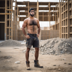 oso árabe joven 25 años velludo en obra de construcción de frente sin camiseta en pantaloneta botas caterpillar mear