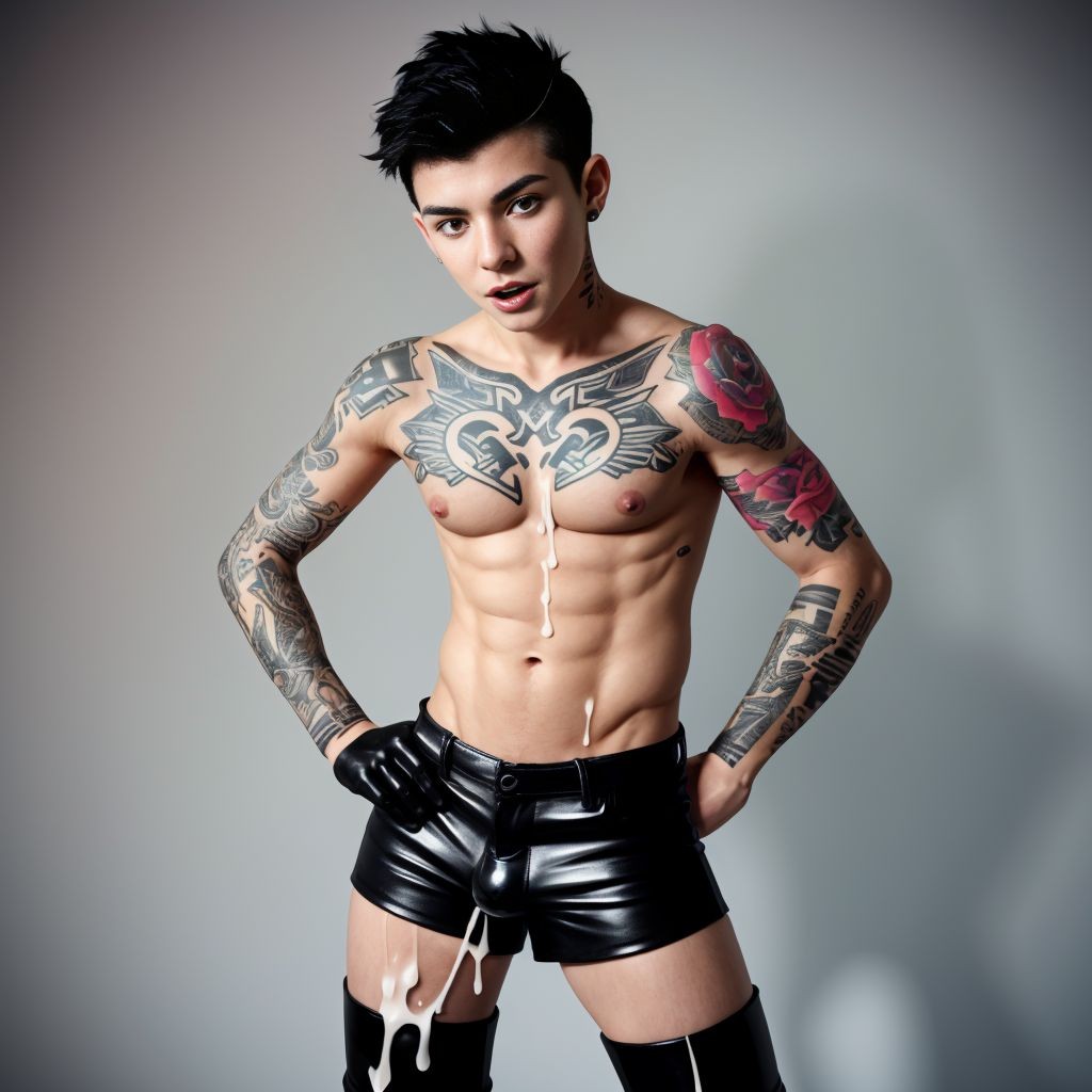 jovencito muy (((marica))),pelo corto negro,((muy tatuado)),lleva unos (((mini shorts de cuero negro muy ajustados)),(((botas de tacón muy altas))) y (((su cara llena de semen))) ((de pie))