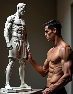 Estatua de cemento hiperrealista de Cristiano Ronaldo, detallada y texturizada, con una expresión de intensidad y determinación, situada en un pedestal de granito pulido, a su lado un hombre musculoso y atractivo, sin camiseta, con un torso bien definido y abdominales marcados, su rostro es una versión más madura y varonil de Ferran Torres, con una mandíbula cuadrada y ojos expresivos, su cabello es oscuro y peinado hacia atrás, mostrando su frente ancha y despejada, su mirada está fija en la estatua de Cristiano Ronaldo, con una expresión de deseo y admiración, su mano derecha se extiende para tocar la pierna de la estatua, con un gesto suave y reverente, como si estuviera acariciando la obra de arte, la iluminación es suave y cálida, con un fondo difuminado que resalta la textura del cemento y la piel morena del hombre, el ambiente es íntimo y sensual, con un toque de admiración y veneración hacia la figura del futbolista.