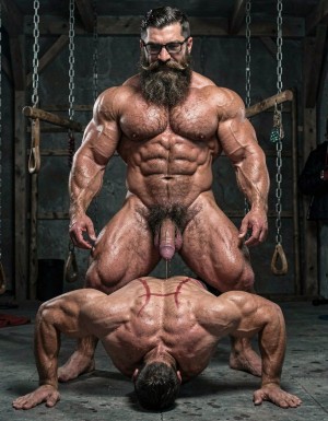 Hyperrealistic cinematic full-body photograph inside the dark brutal dungeon gym, dramatic low side lighting with hard shadows and sweat glistening on skin. Both men are completely naked.

Hipsterbarba stands dominant and powerful on the right, 40 years old, 180cm, 80kg, 8% body fat, thick muscle bear physique covered in dense dark body hair on your heavy pecs, shoulders, abs and thighs. Long thick Bandholz beard reaching almost to your chest, curled handlebar mustache, black glasses, serious and satisfied expression as you look down. Your thick cock is buried deep inside Anil, only the base visible between his spread glutes.

Anil is on all fours like an animal directly in front of you, 25 years old, extreme bodybuilder slave, 175cm, 80kg, 6% body fat, completely smooth tanned skin from the neck down. Massive 127cm chest hanging low, carved eight-pack tight and contracted, insanely wide V-taper back with fresh red whip marks across the lats and traps. His round 90cm glutes are pushed high and spread wide open, your thick cock fully sunk to the balls inside his stretched pink asshole. The tight metal cock ring squeezes the base of his swollen purple cock, which hangs down dripping a thick string of precum onto the concrete floor. His forehead is pressed against the cold floor, back deeply arched, body trembling from the deep penetration.

The concrete floor, hanging chains, wooden stocks and BDSM equipment are visible in the dark background. Extreme photorealistic detail, visible stretch of his hole around your cock, sweat, red lash marks, precum dripping, intense atmosphere of total ownership and raw pleasure.
