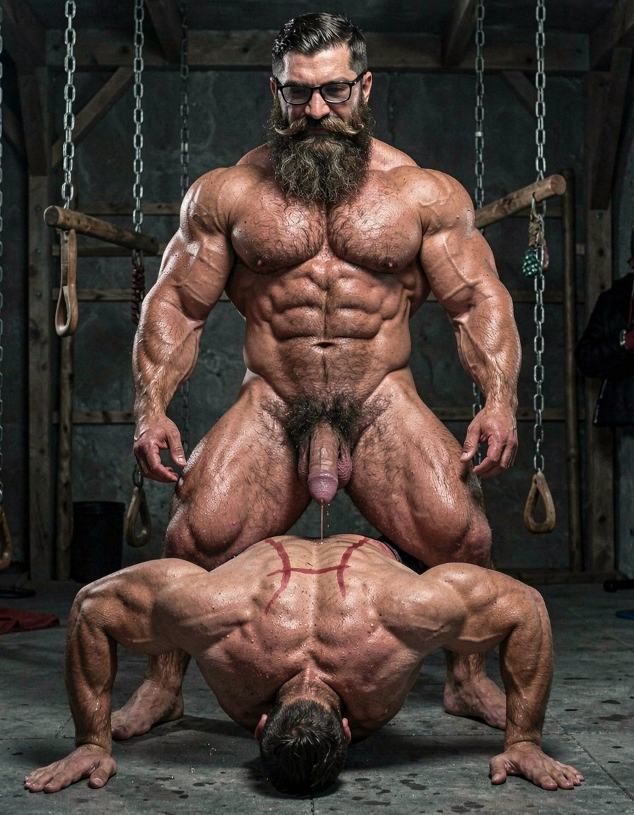 Hyperrealistic cinematic full-body photograph inside the dark brutal dungeon gym, dramatic low side lighting with hard shadows and sweat glistening on skin. Both men are completely naked.

Hipsterbarba stands dominant and powerful on the right, 40 years old, 180cm, 80kg, 8% body fat, thick muscle bear physique covered in dense dark body hair on your heavy pecs, shoulders, abs and thighs. Long thick Bandholz beard reaching almost to your chest, curled handlebar mustache, black glasses, serious and satisfied expression as you look down. Your thick cock is buried deep inside Anil, only the base visible between his spread glutes.

Anil is on all fours like an animal directly in front of you, 25 years old, extreme bodybuilder slave, 175cm, 80kg, 6% body fat, completely smooth tanned skin from the neck down. Massive 127cm chest hanging low, carved eight-pack tight and contracted, insanely wide V-taper back with fresh red whip marks across the lats and traps. His round 90cm glutes are pushed high and spread wide open, your thick cock fully sunk to the balls inside his stretched pink asshole. The tight metal cock ring squeezes the base of his swollen purple cock, which hangs down dripping a thick string of precum onto the concrete floor. His forehead is pressed against the cold floor, back deeply arched, body trembling from the deep penetration.

The concrete floor, hanging chains, wooden stocks and BDSM equipment are visible in the dark background. Extreme photorealistic detail, visible stretch of his hole around your cock, sweat, red lash marks, precum dripping, intense atmosphere of total ownership and raw pleasure.