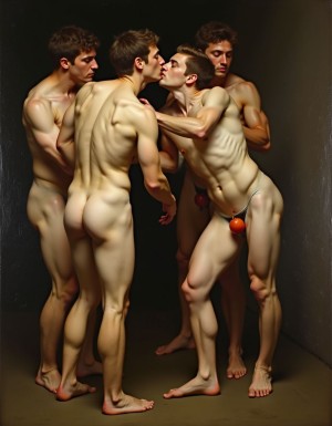 inspirado en la pintura barroca, cuatro pecadores sodomitas, besándose con taparrabos.

