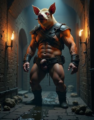A grotesque humanoid pig creature stands tall in the center of a dark medieval dungeon, its muscular body a mass of thick, corded muscle beneath tattered leather straps that hang from its shoulders like the remnants of a long-forgotten armor. The creature's head is that of a pig, but twisted and corrupted, with menacing tusks that curve outward from its mouth like razor-sharp scimitars, and glowing red eyes that burn with an inner fire, casting an eerie glow across the cold, wet stone floor. The walls of the dungeon are lined with rusty chains, hanging like skeletal fingers, and the air is thick with the stench of rot and decay. Torches flicker on the walls, casting ominous shadows that dance across the creature's body, making its twisted form seem to shift and writhe like a living thing. The stone floor beneath its feet is slick with moisture, reflecting the firelight like a dark, still pool, and a creeping fog seethes along the ground, tendrils of mist curling around the creature's ankles like ghostly fingers. The overall aesthetic is one of dark fantasy horror, with cinematic lighting that emphasizes the stark, gothic beauty of the dungeon, and the creature's twisted, nightmarish form. The image is highly detailed, with a photorealistic quality that makes the creature's muscular body and twisted, porcine features seem almost tangible, as if it might step out of the darkness and into the viewer's world at any moment.