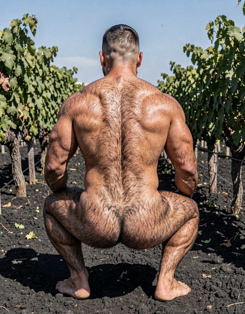 A powerful, perfectly framed full-body rear photograph of Alfredo standing completely still with his back to the camera, captured from the very top of his head all the way down to the tips of his ten toes with zero cropping whatsoever. The very young 28-year-old man is totally naked with no accessories at all. He has a clean-shaven face except for a thick, dense black mustache that gives him a very macho and virile look, short dark hair with a clean fade, strong square jaw visible from the side. Extremely virile and macho appearance despite his young age: very thick, coarse dark body hair covering almost his entire body in dense masculine patterns, heavy pelt across his wide muscular back, dense hair over his shoulders, traps, lats and especially covering his powerful round glutes. He maintains a dry, competition-level 7% body fat physique from running multiple marathons every year: brutally muscular yet lean and endurance-hardened, with thick traps, wide lats creating a dramatic V-taper, deeply etched erector spinae, visible striations across the entire back, narrow waist, massive muscular legs with defined hamstrings, hard vascular calves and dense dark hair covering every inch. His glutes are tight, round and extremely muscular with a clean hairy crack and anus clearly shown, without any penis or testicles visible between them at all, no cock or balls protruding or hanging from behind in any way. Strong veiny arms hanging relaxed at his sides, large masculine hands, strong bare feet planted firmly on the dark volcanic soil of the Santorini vineyard, every toe visible. Bright Mediterranean sunlight hits his sweaty, bronzed skin, creating sharp highlights on every muscle fiber and deep shadows that accentuate the extreme vascularity and dense body hair. Lush green Assyrtiko vines and black volcanic earth surround him. Ultra photorealistic, raw masculine power, extremely hairy and virile young stud, dry fibrous marathon-runner physique, natural cinematic lighting, full uncropped body from the top of the head to the very tips of the toes, no penis or testicles visible from behind between the glutes.  Se agacha con alegría 