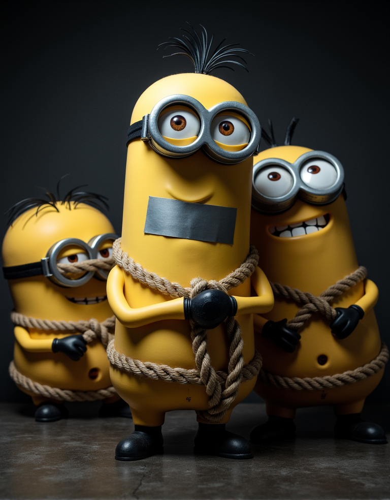 Imágenes hiperrealistas de Minions atados con cuerdas y nudos en un bondage extremo, iluminación dramática y oscura, fondos oscuros y misteriosos, Minions con ojos grandes y expresiones de sorpresa y sumisión, cuerpos amarillos y regordetes, completamente desnudos, con cuerdas gruesas y nudos complejos que rodean sus brazos, piernas y torsos, algunos con bocas tapadas con cinta adhesiva, otros con ojos vendados, texturas detalladas y realistas de la piel y las cuerdas, sombras profundas y contrastes intensos, ambiente de suspense y dominación, bondage extremo y artístico, con detalles precisos de los nudos y las cuerdas, y una sensación de poder y control.