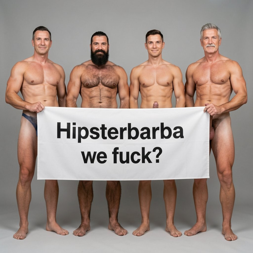 Four naked muscular men holding horizontal banner ultra high quality 8K photorealistic full body shots: El Comandante Spanish military leader 45 years short gray hair stern commanding face muscular trained body 185cm 85kg standing far left holding left edge of white banner with both hands completely naked massive erect uncircumcised penis 25cm thick veiny shaft visible below banner heavy balls alpha dominant stance proud posture, Soldado Bartolo Spanish soldier 35 years thick dark full beard short hair very hairy muscular chest arms legs groin 180cm 80kg standing center-left holding banner completely naked large erect uncircumcised penis 18cm thick visible hairy balls masculine hairy build playful smirk inviting expression, Superman alien superhero 195cm 100kg perfect bronzed smooth hairless skin short black hair with characteristic curl bright blue eyes massive superhuman muscles standing center-right holding banner completely naked enormous erect penis 23cm steel hard thick shaft visible smooth heavy balls god-like physique confident smile heroic presence, General Rodolfo Castaños 60 years short gray military hair thick gray mustache experienced muscular body 175cm 75kg standing far right holding right edge of banner completely naked thick erect penis 20cm visible mature heavy balls military bearing knowing seductive expression, all four men standing in horizontal line full body visible head to feet holding between them large stretched white fabric banner at chest level bold black text spelling Hipsterbarba follamos with question mark clearly legible professional typography all four erect penises balls legs feet completely visible below banner military office background warm professional studio lighting 8K photorealistic resolution masterpiece quality inviting seductive expressions.