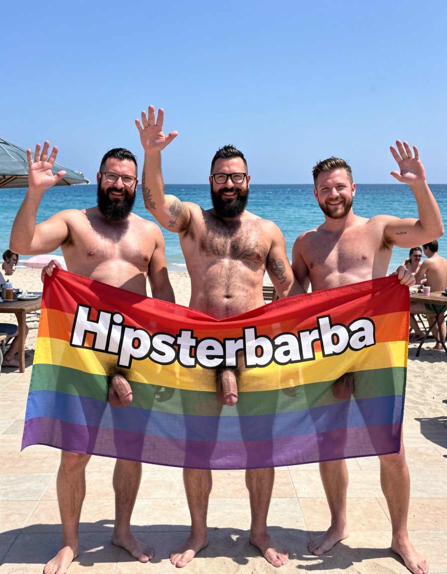Fotografía hiperrealista tomada al mediodía en la arena de El Playazo, Vera Playa, Almería, justo delante del chiringuito El Pirata. Los tres estáis completamente desnudos, de pie uno al lado del otro, con sonrisas anchas y naturales, sujetando entre los tres una gran pancarta horizontal de tela que ondea con el viento. La pancarta está colocada exactamente a la altura de la cintura, cubriendo de la cintura para abajo, por lo que vuestras pollas gruesas y venosas, huevos peludos y parte superior de los muslos quedan totalmente expuestos y visibles por debajo de la tela.

La pancarta tiene un fondo con los colores del arco iris en franjas horizontales vibrantes (rojo, naranja, amarillo, verde, azul y morado) y el texto escrito en letras grandes y blancas con borde negro: “Hipsterbarba”, con la “H” en mayúscula y el resto en minúsculas.

Hipsterbarba estás en el centro: 40 años, 1,80 m, 80 kg, 8% de grasa, six-pack completamente seco y muy marcado, pectorales redondeados y separados, pecho cubierto de vello negro denso con línea alba visible y trail desde el ombligo hasta el pubis, hombros anchos, brazos vascularizados, barba Bandholz larguísima y perfectamente cuidada que llega casi al ombligo, bigote poblado con puntas largas curvadas en espiral hacia arriba, gafas de pasta negra, pelo en high fade undercut, pequeño tatuaje “hipsterbarba” en la región braquial del brazo derecho, polla gruesa y hermosa de 19 cm con prepucio parcial y glande rosado visible, huevos grandes y peludos colgando. Levantáis la mano derecha con la palma abierta saludando a la cámara con gesto amistoso y cara de satisfacción.

A tu izquierda está Erik: 38 años, complexión fuerte, barba negra espesa, músculos bien definidos, polla gruesa de 19 cm completamente expuesta bajo la pancarta. También saluda con la mano derecha levantada y sonrisa amplia.

A tu derecha está Ferran: 36 años, barba castaña más corta, cuerpo atlético y peludo, polla de 17 cm también visible bajo la pancarta. Saluda igualmente con la mano derecha y expresión alegre.

Los tres miráis directamente a la cámara con buena vibra, músculos tensos y piel ligeramente brillante por el sol. La pancarta arcoíris ondea con elegancia, el mar turquesa brilla al fondo y la terraza del chiringuito El Pirata se ve detrás con algunos nudistas observando la escena. Iluminación perfecta de mediodía, texturas hiperrealistas de piel, vello individual, tela moviéndose y colores vivos. Imagen corregida, más nítida, con mejor composición y mayor detalle en todos los elementos.