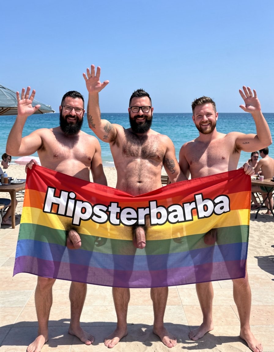 Tres hombres con barba posan desnudos en una playa soleada, sonriendo y saludando a la cámara mientras sostienen una bandera arcoíris del orgullo LGTBIQ+ con la palabra “Hipsterbarba” en letras grandes blancas y negras. La tela cubre parte de sus cuerpos, aunque se ven sus torsos, piernas descalzas y los penes asomando por delante de la bandera. El mar azul y el cielo despejado forman el fondo, con sombrillas, tumbonas y otras personas en la arena, creando una escena veraniega, festiva y reivindicativa asociada al orgullo gay, la playa y la diversidad.