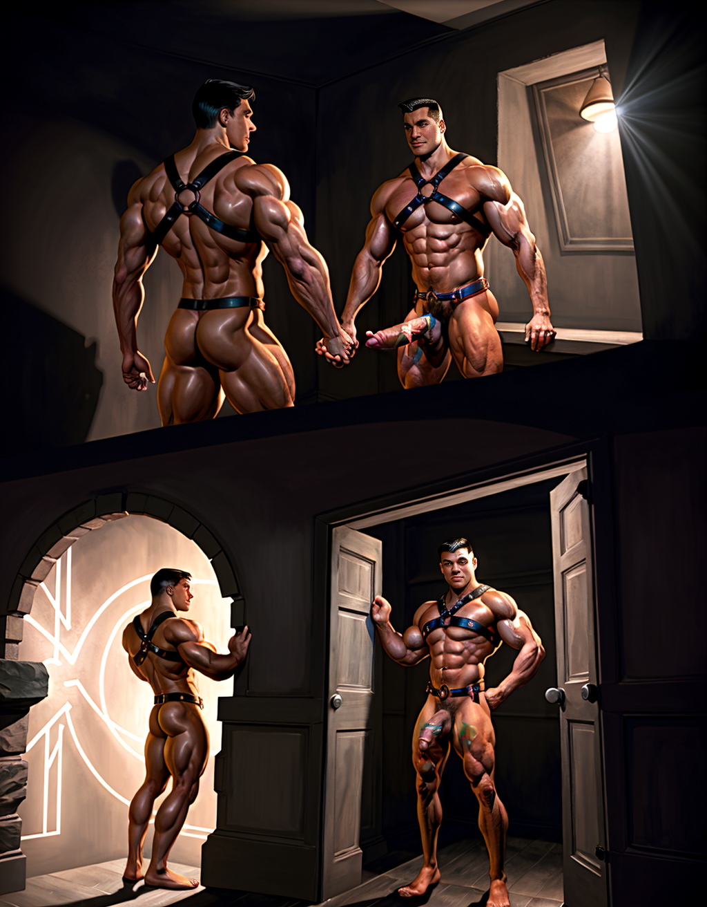 Dos hombres en un cuarto oscuro, ambos vestidos con arneses, pene visible. Uno de ellos se acerca a un Glory hole en la pared, la luz tenue resalta los contornos de sus cuerpos musculosos, creando una atmósfera cargada de expectativa y misterio alrededor del escenario.