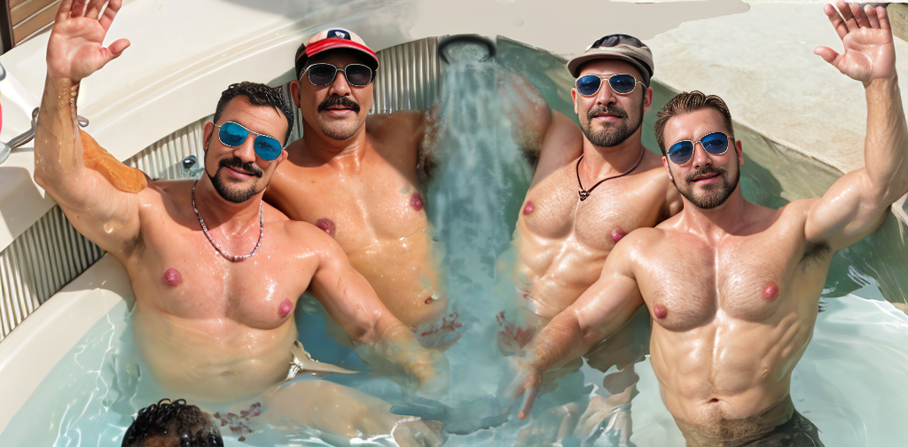 Imagen basada en hechos reales, Etarko (centro derecha) en el jacuzzi del crucero Rhapsody of the Waves, en la planta superior del barco en la zona de encuentro de los gays, está con su amigo Jaime (centro izquierda) alias 