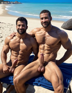 Fotografía panorámica 16:9 en ultra alta definición para imágenes 4K: dos hombres de 35 años de edad están tumbados sobre sus toallas en la playa, son delgados, tienen músculos muy definidos y fibrosos, están delgados, están totalmente desnudos con mucho vello por todo el cuerpo, sus testículos son hermosos y tienen mucho vello, cuerpos sudorosos y bronceados. Los dos tienen hermoso pene. Sujetan fuertemente su pene con su mano derecha