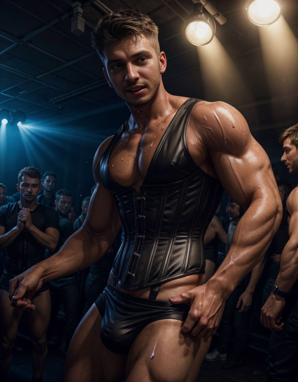 Hombre de 22 años con corsé ajustado, bailando en la discoteca Berghain, iluminación oscura y estroboscópica, sudoroso, músculos definidos, ropa interior visible, ambiente sensual y energético.