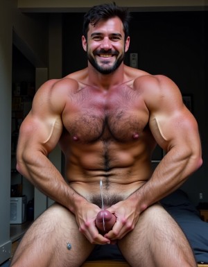 hoyuelo en barbilla, mentón hendido, el mentón está limpio y bien afeitado, NO BARBA y NO BIGOTE, de una cara masculina de un hombre muy viril y musculoso y guapo y sexi de 40 años que tiene mandíbula fuerte y cuadrada, destacando una fisura vertical marcada en el centro del mentón que es el hoyuelo. La cara es de un hombre español musculoso culturista, torso desnudo, constitución corporal extremadamente desarrollada escultural, boca cerrada en sonrisa torcida arrogante burlona, labios carnosos, ojos verdes claro profundos con mirada penetrante directa a cámara cargada de cinismo y dominancia, cejas pobladas densas, cabello denso despeinado hacia atrás en copete desordenado con mechones rebeldes cayendo sobre frente y sienes mostrando textura natural sin producto, cuello musculoso con nuez prominente visible, trapecios enormes elevados como montañas a ambos lados del cuello, pecho descomunal con pectorales gigantescos separados con hendidura profunda central cada fibra muscular visible bajo piel bronceada cubiertos completamente por alfombra densa de vello negro formando manto tupido salvaje sobre toda la superficie con pezones oscuros erectos asomando entre pelaje espeso, abdomen perfectamente esculpido en tableta de ocho secciones profundas con sombras dramáticas entre cada músculo, oblicuos cortados laterales, línea de vello negro denso descendiendo desde centro del pecho entre pectorales por esternón sobre cada abdominal hasta ombligo donde se ensancha formando trail oscuro salvaje continuando descendiendo, brazos con bíceps de gran tamaño con cabezas musculares divididas y venas gruesas azules serpenteando por toda superficie, tríceps marcados en herradura, deltoides esféricos estriados, antebrazos masivos cubiertos de vello negro denso con venas prominentes bajando hasta muñecas, dorsales anchos como alas creando V invertida brutal, piel clara ligeramente bronceada con poros visibles micro imperfecciones naturales lunares y marcas sutiles, vello corporal negro abundante cubriendo completamente pecho abdomen brazos antebrazos cuello en densidad natural masculina sin recortar, iluminación natural lateral dramática creando sombras duras acentuando cada músculo, fondo neutro desenfocado, estilo fotografía editorial cruda realista, grano fotográfico sutil, colores naturales intensos saturados. Está totalmente desnudo. Tiene un  pene erecto enorme de 35 centímetros de largo y muy grueso apuntando hacia arriba entre su cuerpo, venas gruesas pulsantes marcadas recorriendo todo el tronco de su pene, glande hinchado enorme brillante de color rojo púrpura, testículos extremadamente grandes gordos y pesados colgando muy abajo descolgados entre las piernas con piel arrugada tensa bajo el peso, el pene eyaculando activamente múltiples chorros gruesos abundantes de semen blanco espeso disparándose de la punta con fuerza, semen resbalando copiosamente por el glande y tronco formando hilos blancos espesos, gotas gruesas de semen cayendo entre su cuerpo. Tiene anillo de plata en el dedo hallux (primer dedo del pie) de sus pies. Crea imagen del personaje descrito de cuerpo entero desde los dedos de sus pies hasta su cabeza, todo el cuerpo desnudo a la vista de la cámara. Tiene sandalias en sus pies. Fotografía hiperrealista de ultra alta definición 8K plano frontal de todo el cuerpo.