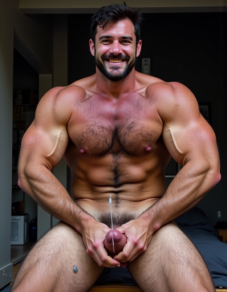 hoyuelo en barbilla, mentón hendido, el mentón está limpio y bien afeitado, NO BARBA y NO BIGOTE, de una cara masculina de un hombre muy viril y musculoso y guapo y sexi de 40 años que tiene mandíbula fuerte y cuadrada, destacando una fisura vertical marcada en el centro del mentón que es el hoyuelo. La cara es de un hombre español musculoso culturista, torso desnudo, constitución corporal extremadamente desarrollada escultural, boca cerrada en sonrisa torcida arrogante burlona, labios carnosos, ojos verdes claro profundos con mirada penetrante directa a cámara cargada de cinismo y dominancia, cejas pobladas densas, cabello denso despeinado hacia atrás en copete desordenado con mechones rebeldes cayendo sobre frente y sienes mostrando textura natural sin producto, cuello musculoso con nuez prominente visible, trapecios enormes elevados como montañas a ambos lados del cuello, pecho descomunal con pectorales gigantescos separados con hendidura profunda central cada fibra muscular visible bajo piel bronceada cubiertos completamente por alfombra densa de vello negro formando manto tupido salvaje sobre toda la superficie con pezones oscuros erectos asomando entre pelaje espeso, abdomen perfectamente esculpido en tableta de ocho secciones profundas con sombras dramáticas entre cada músculo, oblicuos cortados laterales, línea de vello negro denso descendiendo desde centro del pecho entre pectorales por esternón sobre cada abdominal hasta ombligo donde se ensancha formando trail oscuro salvaje continuando descendiendo, brazos con bíceps de gran tamaño con cabezas musculares divididas y venas gruesas azules serpenteando por toda superficie, tríceps marcados en herradura, deltoides esféricos estriados, antebrazos masivos cubiertos de vello negro denso con venas prominentes bajando hasta muñecas, dorsales anchos como alas creando V invertida brutal, piel clara ligeramente bronceada con poros visibles micro imperfecciones naturales lunares y marcas sutiles, vello corporal negro abundante cubriendo completamente pecho abdomen brazos antebrazos cuello en densidad natural masculina sin recortar, iluminación natural lateral dramática creando sombras duras acentuando cada músculo, fondo neutro desenfocado, estilo fotografía editorial cruda realista, grano fotográfico sutil, colores naturales intensos saturados. Está totalmente desnudo. Tiene un  pene erecto enorme de 35 centímetros de largo y muy grueso apuntando hacia arriba entre su cuerpo, venas gruesas pulsantes marcadas recorriendo todo el tronco de su pene, glande hinchado enorme brillante de color rojo púrpura, testículos extremadamente grandes gordos y pesados colgando muy abajo descolgados entre las piernas con piel arrugada tensa bajo el peso, el pene eyaculando activamente múltiples chorros gruesos abundantes de semen blanco espeso disparándose de la punta con fuerza, semen resbalando copiosamente por el glande y tronco formando hilos blancos espesos, gotas gruesas de semen cayendo entre su cuerpo. Tiene anillo de plata en el dedo hallux (primer dedo del pie) de sus pies. Crea imagen del personaje descrito de cuerpo entero desde los dedos de sus pies hasta su cabeza, todo el cuerpo desnudo a la vista de la cámara. Tiene sandalias en sus pies. Fotografía hiperrealista de ultra alta definición 8K plano frontal de todo el cuerpo.